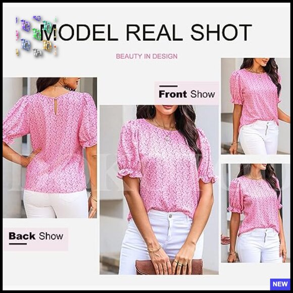 Floral Print Babydoll Blouse Smocked Puff Sleeve Crewneck Tunic Top Chic Casual - Picture 5 of 7